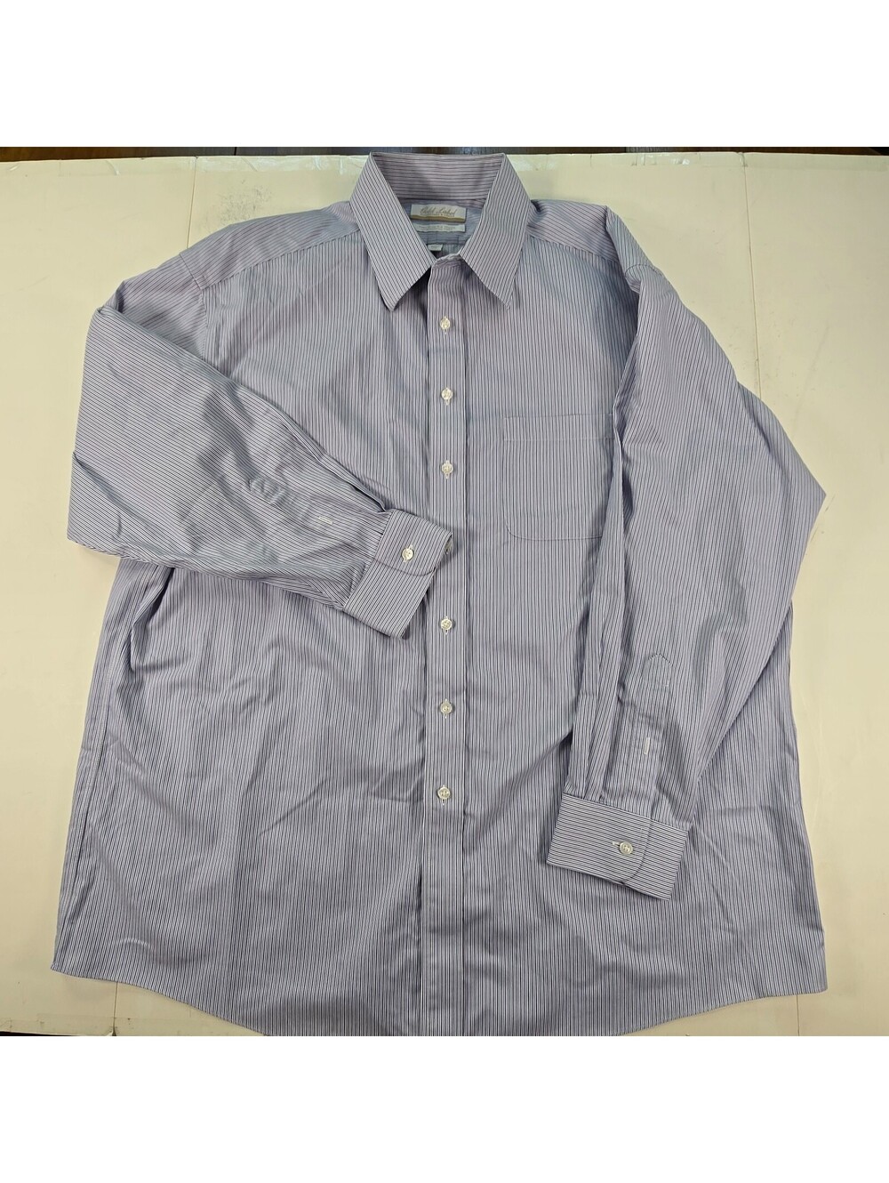 Roundtree Yorke Gold Label Men Shirt Size 17.5 35 Blue Striped No Iron EZ Wash
